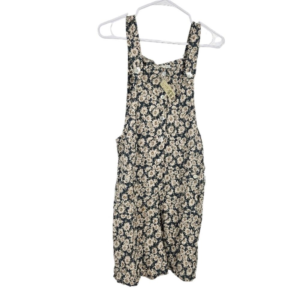 Express Daisy Floral Short Overalls Jumpsuit in Navy and Cream